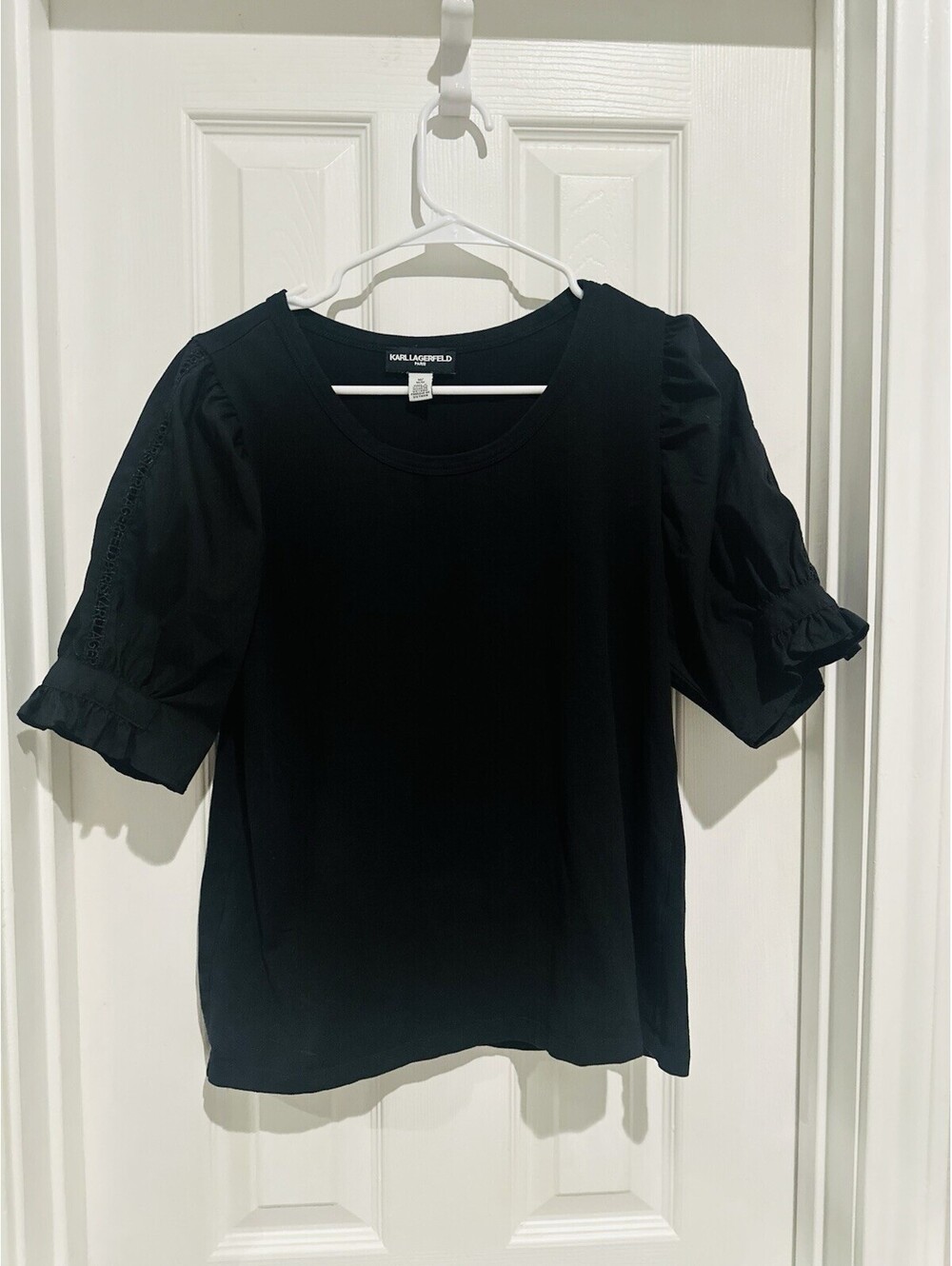 Karl Lagerfeld Blouse Top Womens M Black Cotton Stretch Lace Detail Puff Sleeve